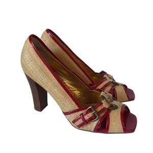 Sexy Naughty Monkey pumps, peep toe, leather and fabric, buckle detail sz 8.5